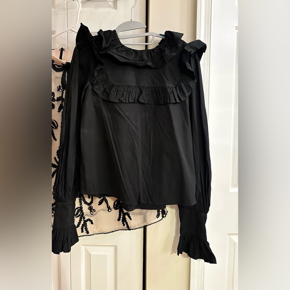 Romantic Ruffle Cotton Blouse - Victorian Smocked Cuff Top - Black Size S - Picture 3 of 8